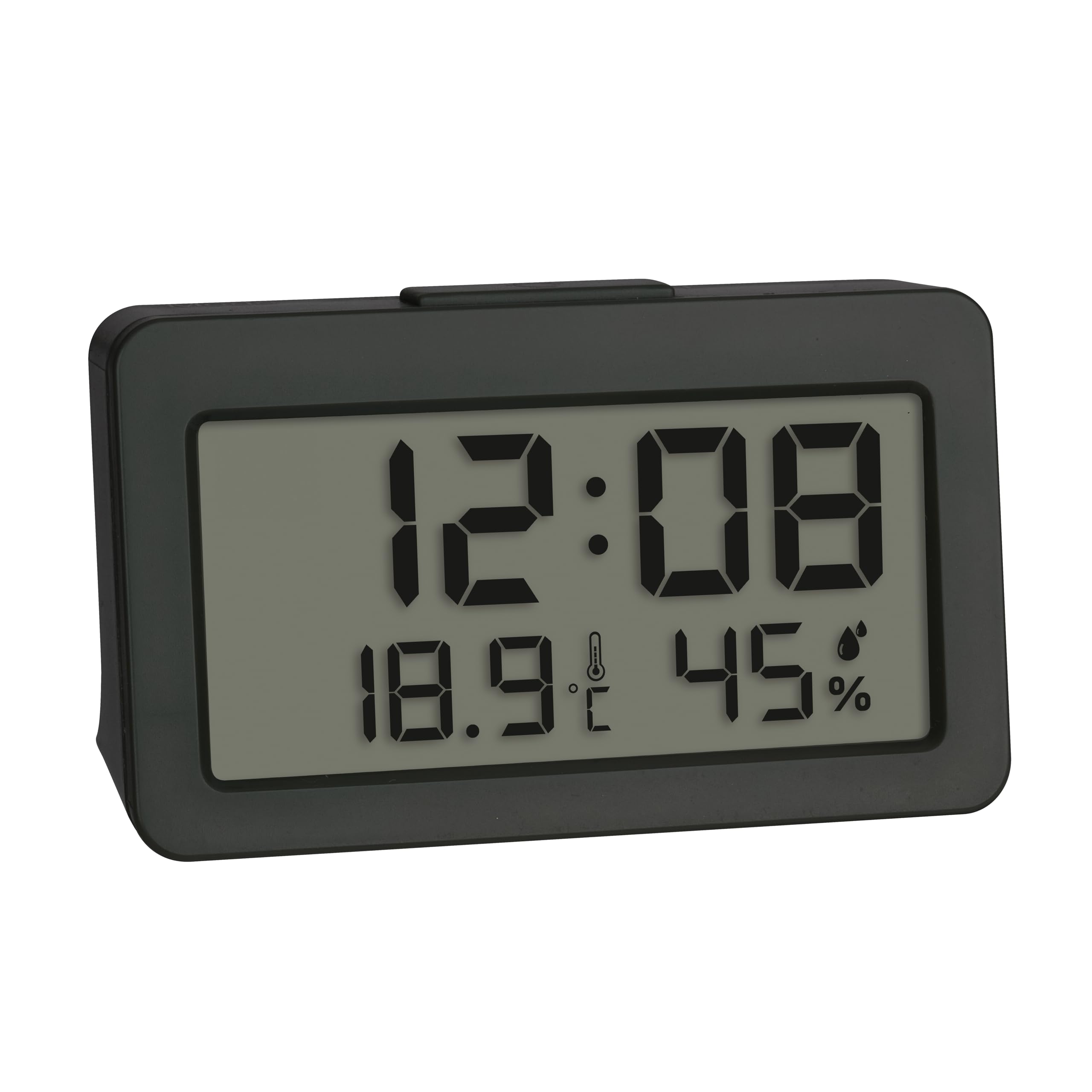 TFA Dostmann Mini sveglia da comodino digitale, 60.2045.10, con funzione di allarme, con termometro e igrometro, ideale per viaggio, per esami, al quarzo, orologio da tavolo, piccolo, compatto, grigio