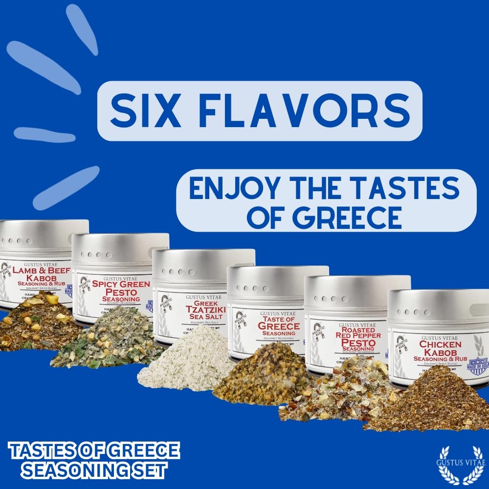 Greek Seasoning Gift Set | Tastes of Greece | Artisanal Spice Blends Six Pack | Non GMO, All Natural | No MSG, Gluten, Soy, Nuts | Small Batch, Hand Made Seasonings | No Artificial Ingredients, Ultra Premium | Made in USA | GLP-1 Friendly | Magnetic Tins | Gustus Vitae | All Occasion Gift