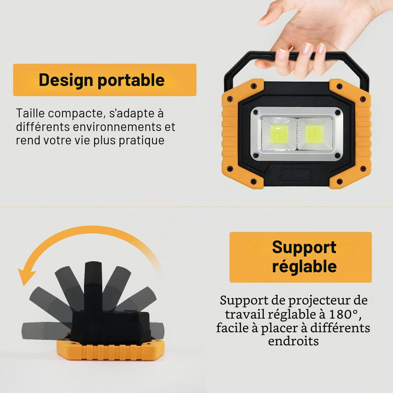 Lot de 2 projecteurs de chantier LED 30 W rechargeables super lumineux 3 modes d'éclairage Lampe de travail étanche COB USB Lampe de camping pour garage, extérieur, camping, urgence, chantiers de