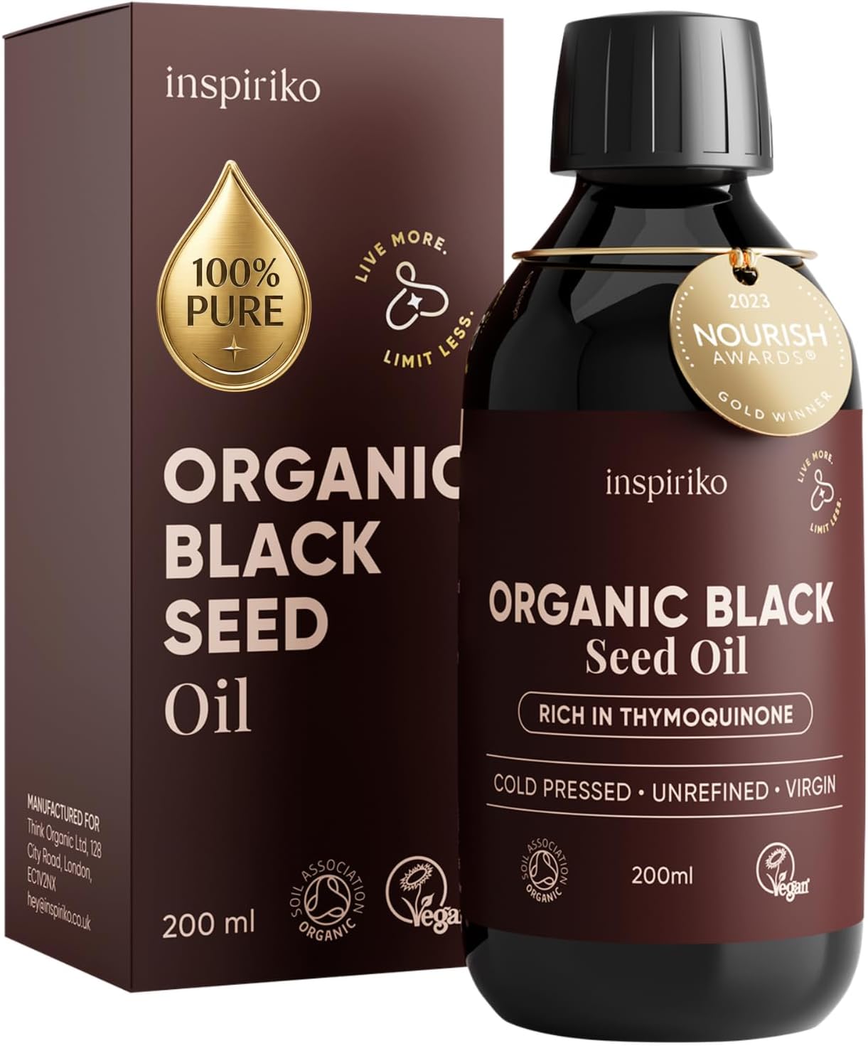 Inspiriko Black Seed Oil Organic Cold Pressed, Black Cumin Seed Oil, 200ml
