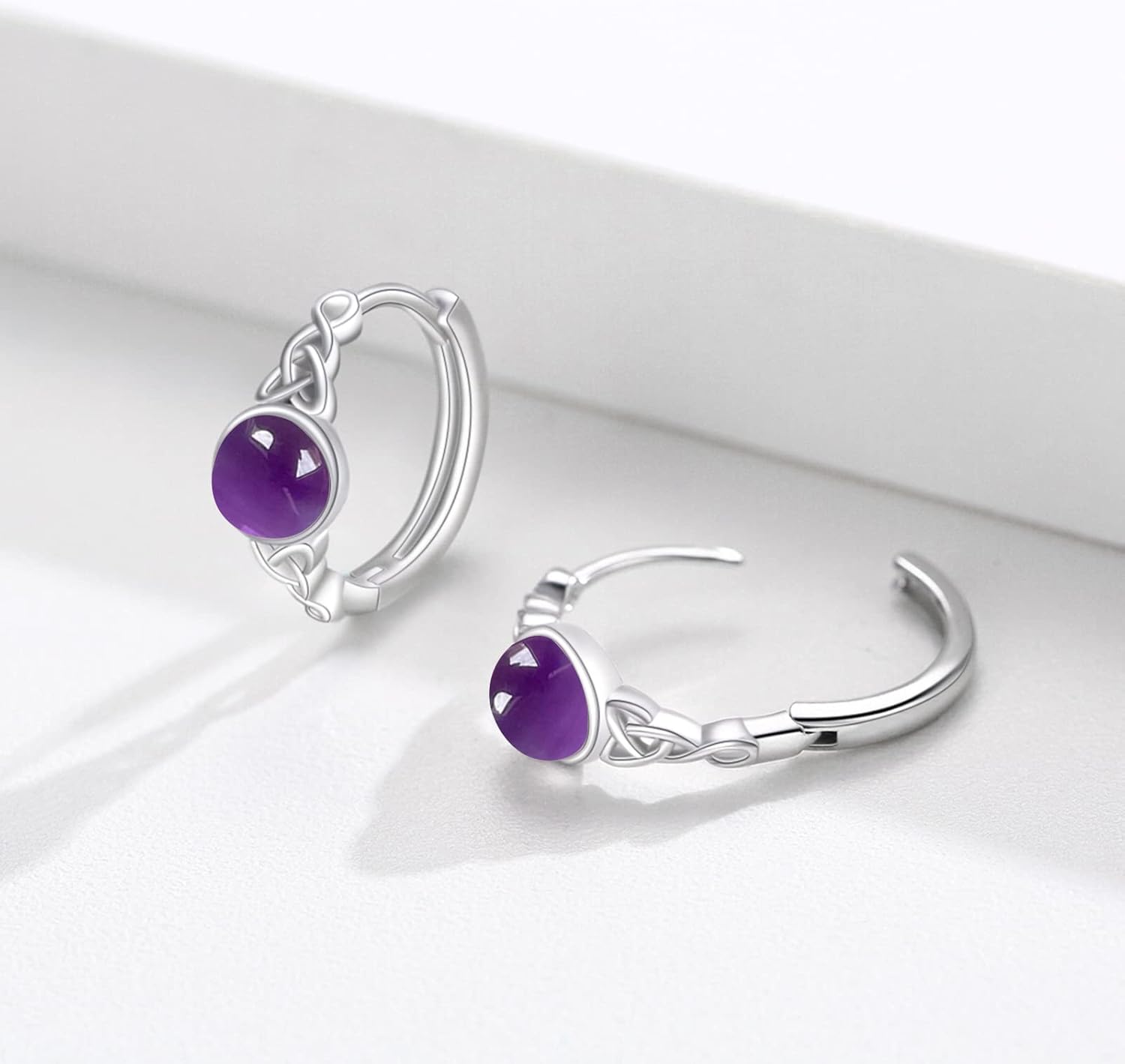 Celtic S925 Sterling Silver Gemstone Huggie Hinged Hoop Earrings - Irish Cartilage Small Hoops for Women