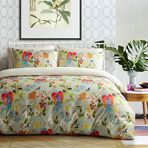 Wajade Flowers Birds Duvet Cover Set with Pillowcase Chinese Style Green Plants Duvet Quilt Cover Glossy Look of Silk Bedding Set for AdultsDouble Size