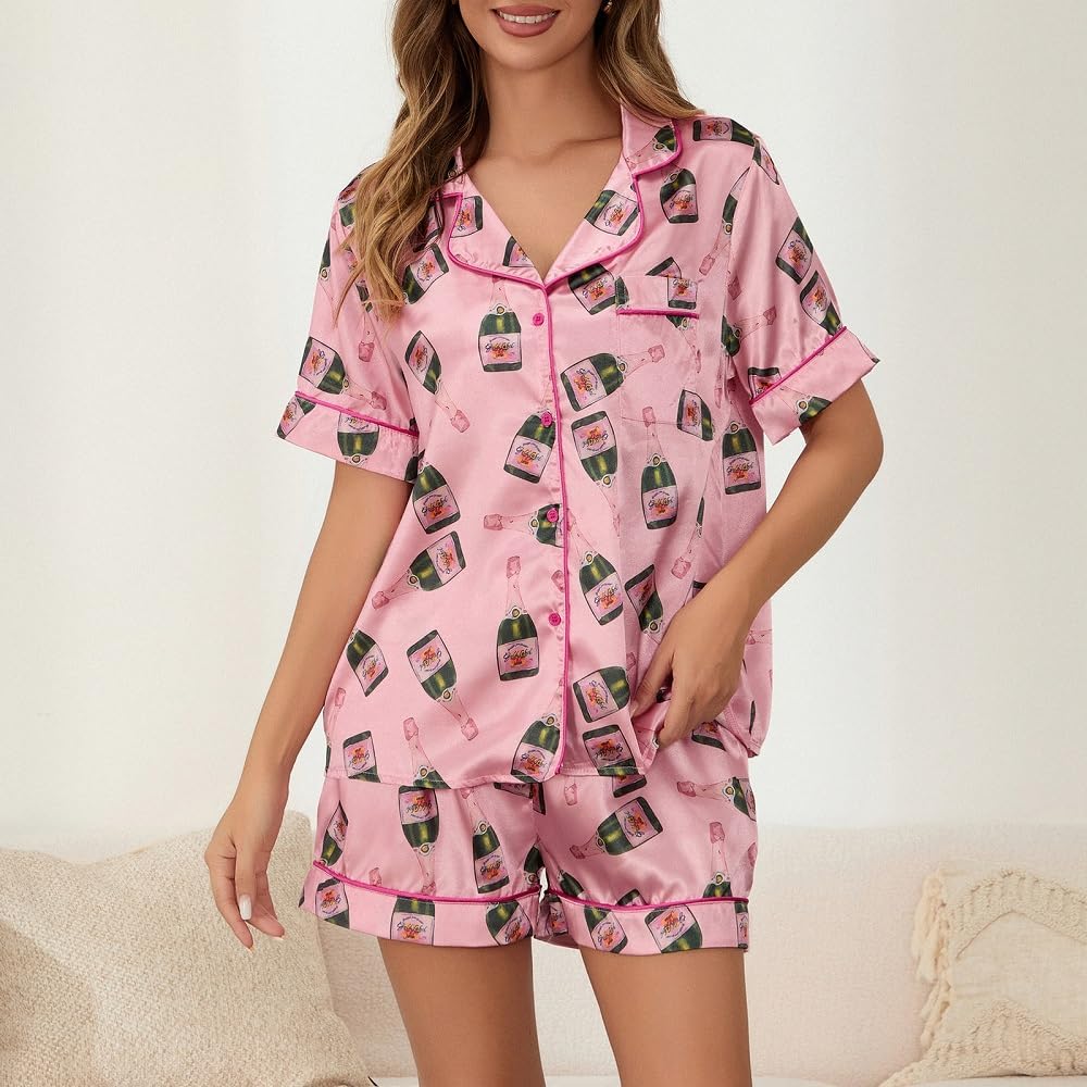 Juakoso Women Champagne Bottle Pajamas Sets Wine Can Print Pjs Sets Silk Satin 2 Piece Sets Short Sleeve Shirts Shorts Sets - Image 4