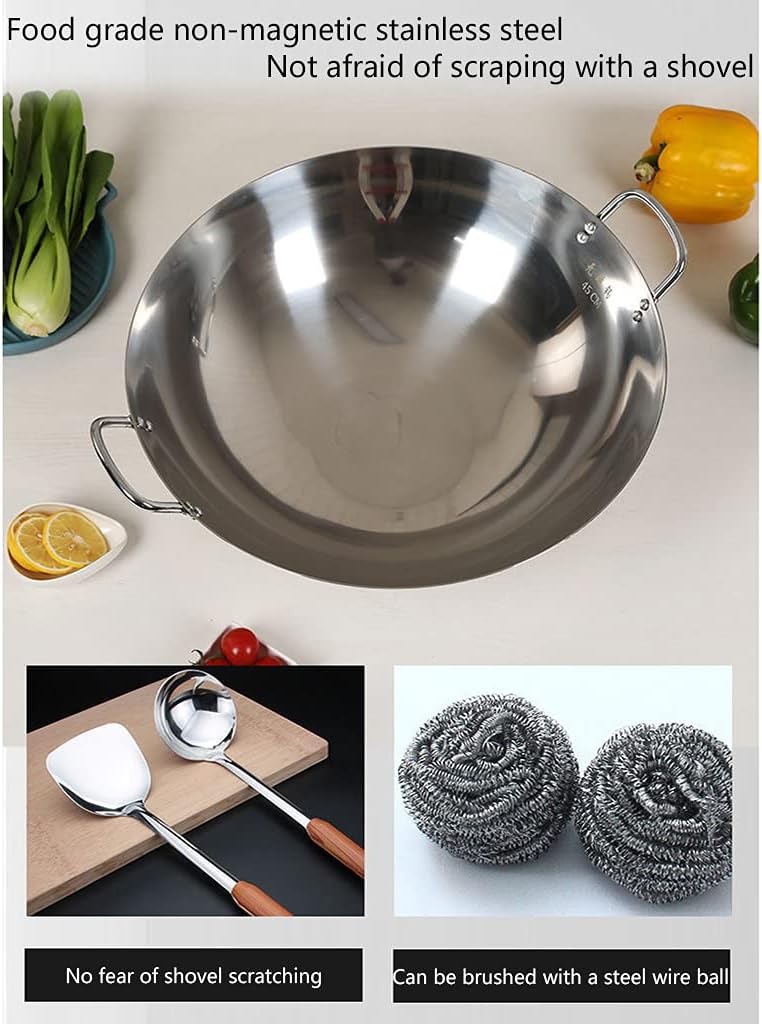 GXDHOME 36cm Thick Food Grade Non Magnetic Stainless Steel Scratch and Rub with Stainless Steel Lid,Fast Heat Conduction Non-Stick and Rust-Free Multifunction Wok for Home,Commercial