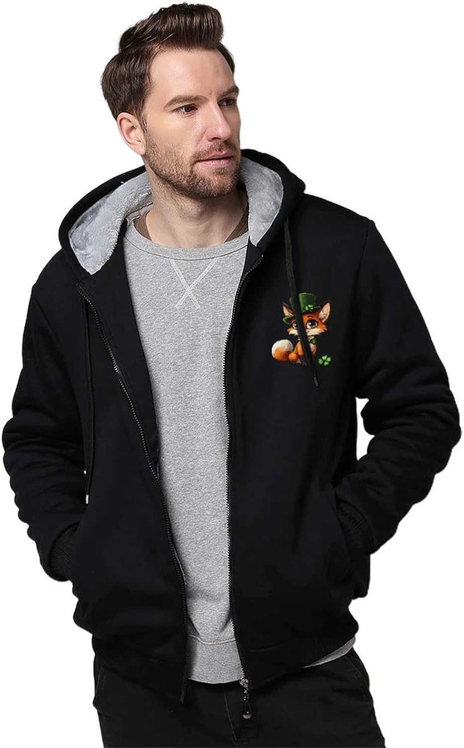 St-Patricks Fox Men's Hoodie Full-Zip Hooded Sweatshirt Fleece Jacket Coat Winter Warm Clothing