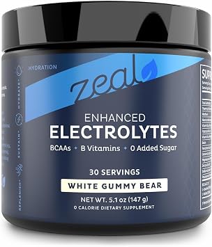 Zeal Naturals Electrolyte Powder - 30 Servings | Keto Electrolytes Powder | Zero Sugar, BCAAs, B-Vitamins | Potassium, Zinc, Magnesium | Hydration Powder Recovery Drink | White Gummy Bear