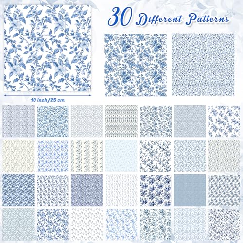 Tatuo 30 Pcs 10 x 10 Inches Blue and White Floral Cotton Fabric Quilting Bundle Squares Patchwork Floral Fabric Sewing Quilting Bundles Assorted Pattern Cloth for DIY Scrapbook Craft Making by Tatuo - Image 2