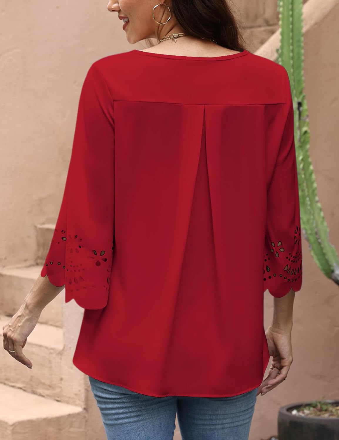 CiCiBird Women's V Neck Blouse 3/4 Bell Sleeve Loose Tops Casual Dressy Eyelet Shirts - Image 2