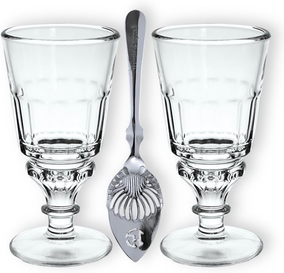 Traditional Absinthe Accessory Set of 2X Absinthe Glasses & 2X Absinthe Original Spoons