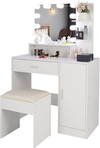 Miniatura 10 de Juego de tocador grande, mesa de maquillaje iluminada con taburete de tocador, tocador de maquillaje con luces, escritorio de maquillaje con