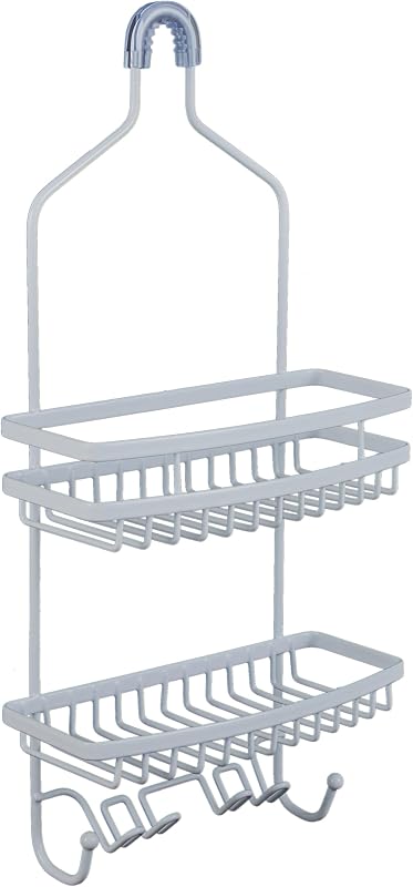 Shower Head Caddy, Suction Cup Backing, 2 Tier Shelving & 6 Accessory Hooks, White (23386-WHITE)
