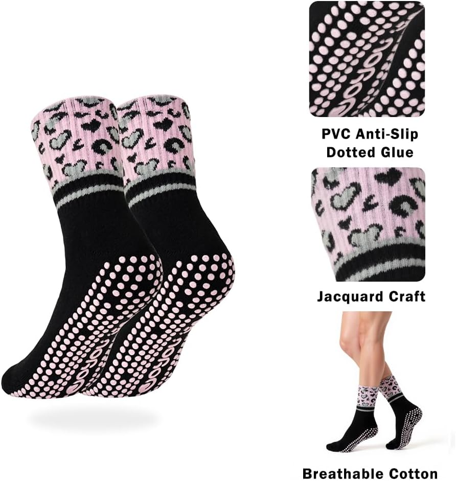 Womens Leopard Pilates Grip Socks Non Slip Ribbed Goth Crew 1 Pair | Premium cotton sticky socks with athletic elastic cuff and animal prints for reformer pilates barre yoga studio