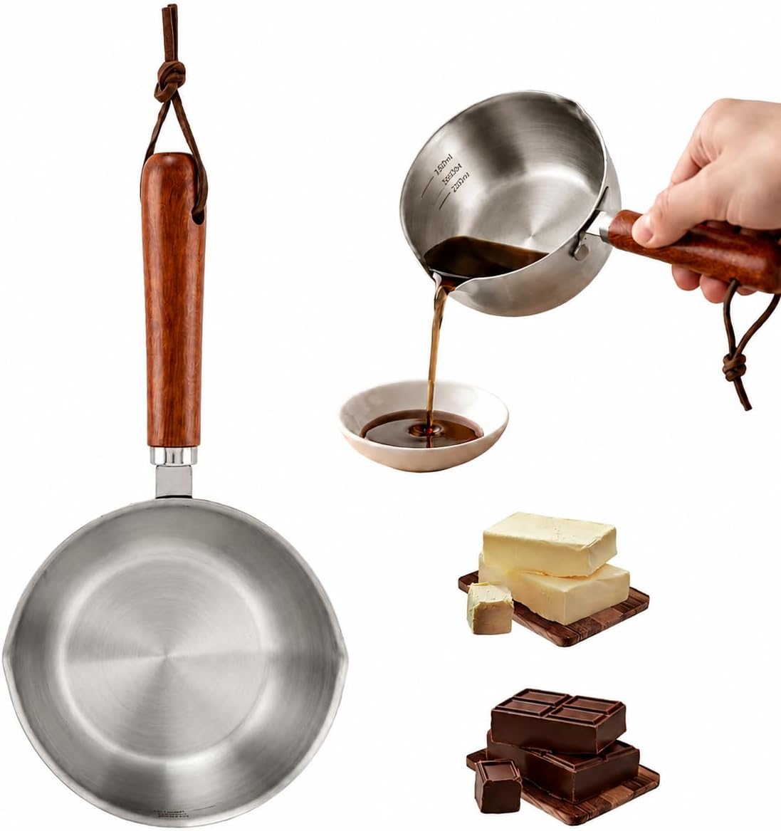 Butter Warmer Pot, Stainless Steel Mini Saucepan with Wooden Handle, Dual Pour Spout Small Cooking Pot for Melting Butter, Milk, Coffee, 150ML
