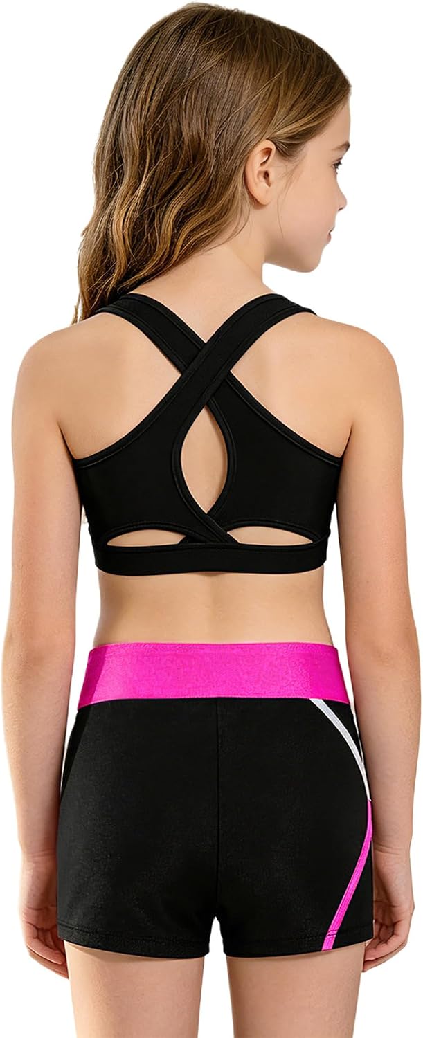 Girls Kids 3 Pcs Sports Outfits Cross Back Crop Top with Booty Shorts and Athletic Leggings for Running Hot Pink 16 Years
