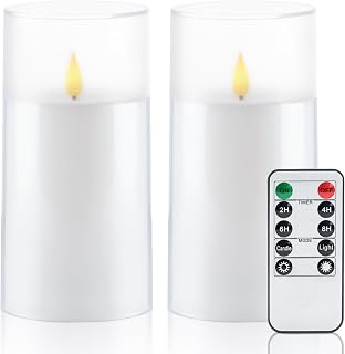 Homemory Flameless Candles Set of 2, White Acrylic LED Candles Upgraded Realistic Battery Operated Flames with Remote & Timer, Waterproof for Indoor,Outdoor Decor, Halloween & Christmas Lanterns