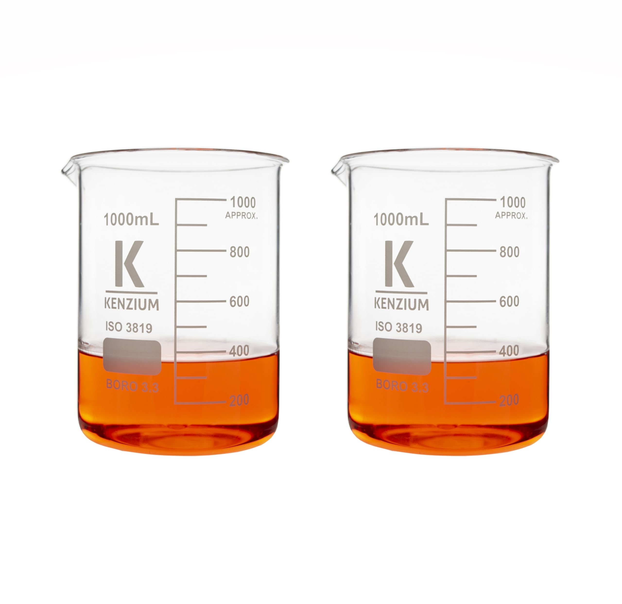 Confezione 2 x becher | Volume: 1000 ml (1L) | Vetro borosilicato 3.3 | Forma bassa | Graduato con beccuccio versatore | Per tutti i tipi di campioni | Alta Resistenza, Autoclavabile