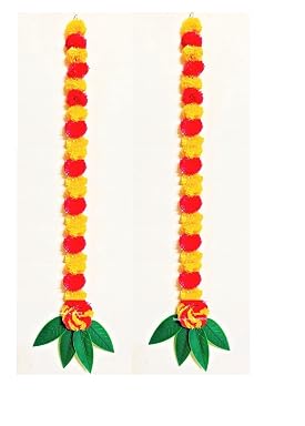 Sphinx artificial marigold fluffy flowers and mango leaves garlands for home decoration, wall decorations, backdrops - Light orange and Red (Approx. 6 ft, 2)