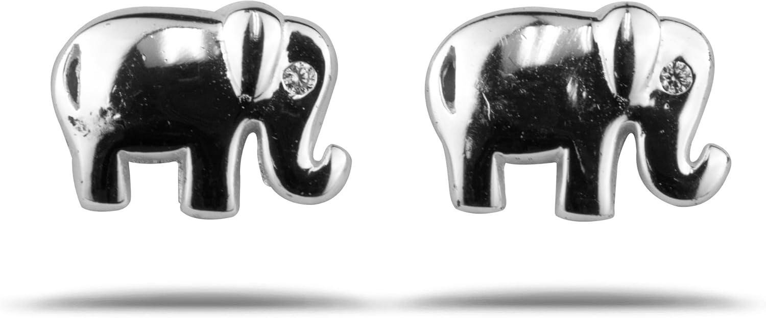 925 Solid Sterling Silver Small CZ Eye Lucky Elephant Stud Earrings – Tiny Animal Trunk Up Jewelry