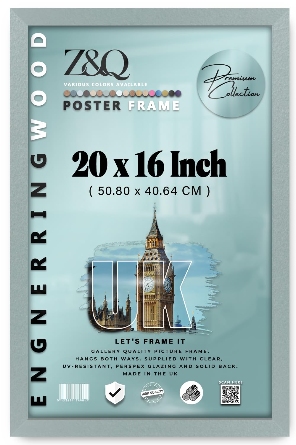 Z&Q - Classic MDF Wood 20 x 16 Inch Poster/Picture Frame | Ideal for Art Display (50.80 x 40.64 CM) Frame for Wall Gallery Art and Room Décor [ Silver ]