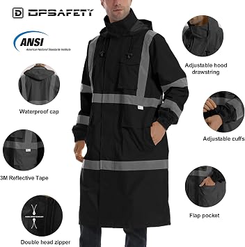 Hi Vis Rain Jacket with 3M Reflective Stripe,High Visibility Class 3 Rain coats,Safety Waterproof Rain Suits for Men with Hood and 2 Large Pockets construction work rain gear(Black S)