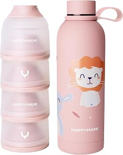 Happymami Unterwegs-Set: Baby-Thermosflasche 500ml & Milchpulver-Portionierer - Baby Erstausstattung - Auslaufsicheres Fütterungsset, BPA-frei & Warmhaltend (Rosa)