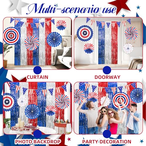 Image of 4th of July Patriotic Decorations, Red White and Blue Decorationl Include 3 Pack Foil Fringe Curtains, Paper Fans, Pennant Bunting for Patriotic Party, Memorial Day, Independence Day, Labor Day