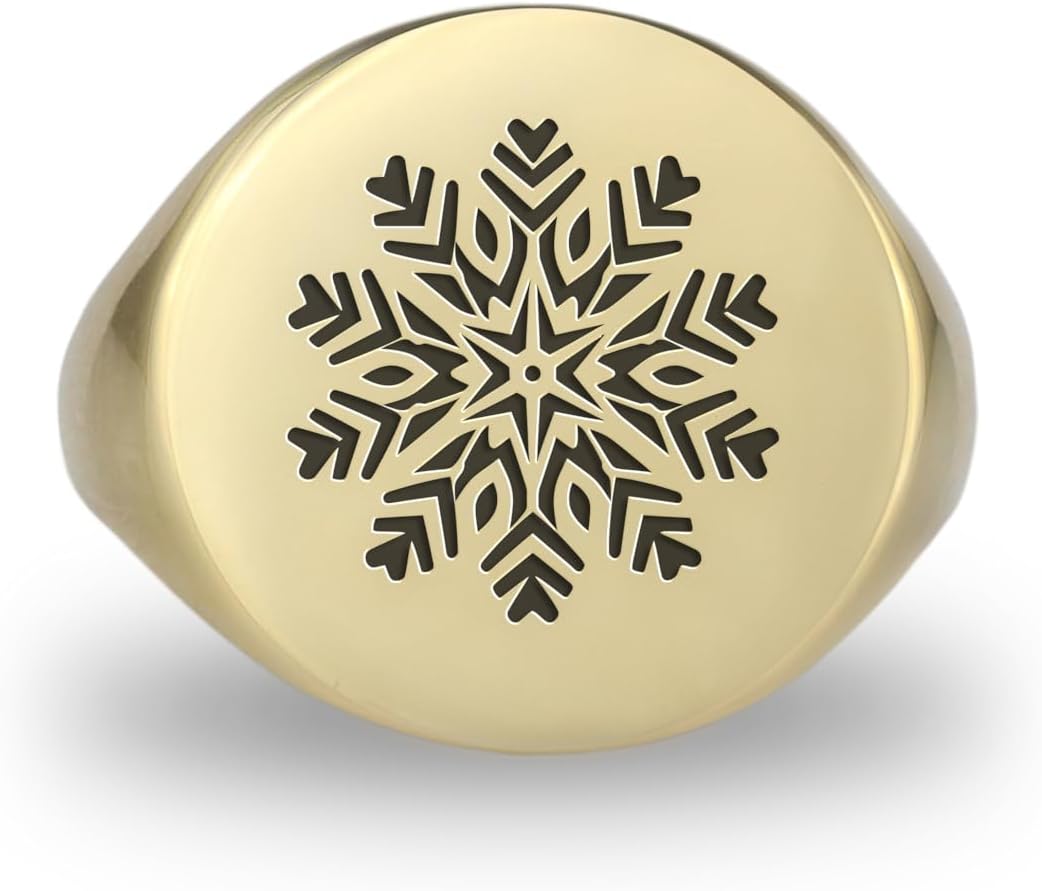 14k Gold Snowflake Signet Ring - Engraved Snowflake Design - Bold Statement Ring - Gift for Her