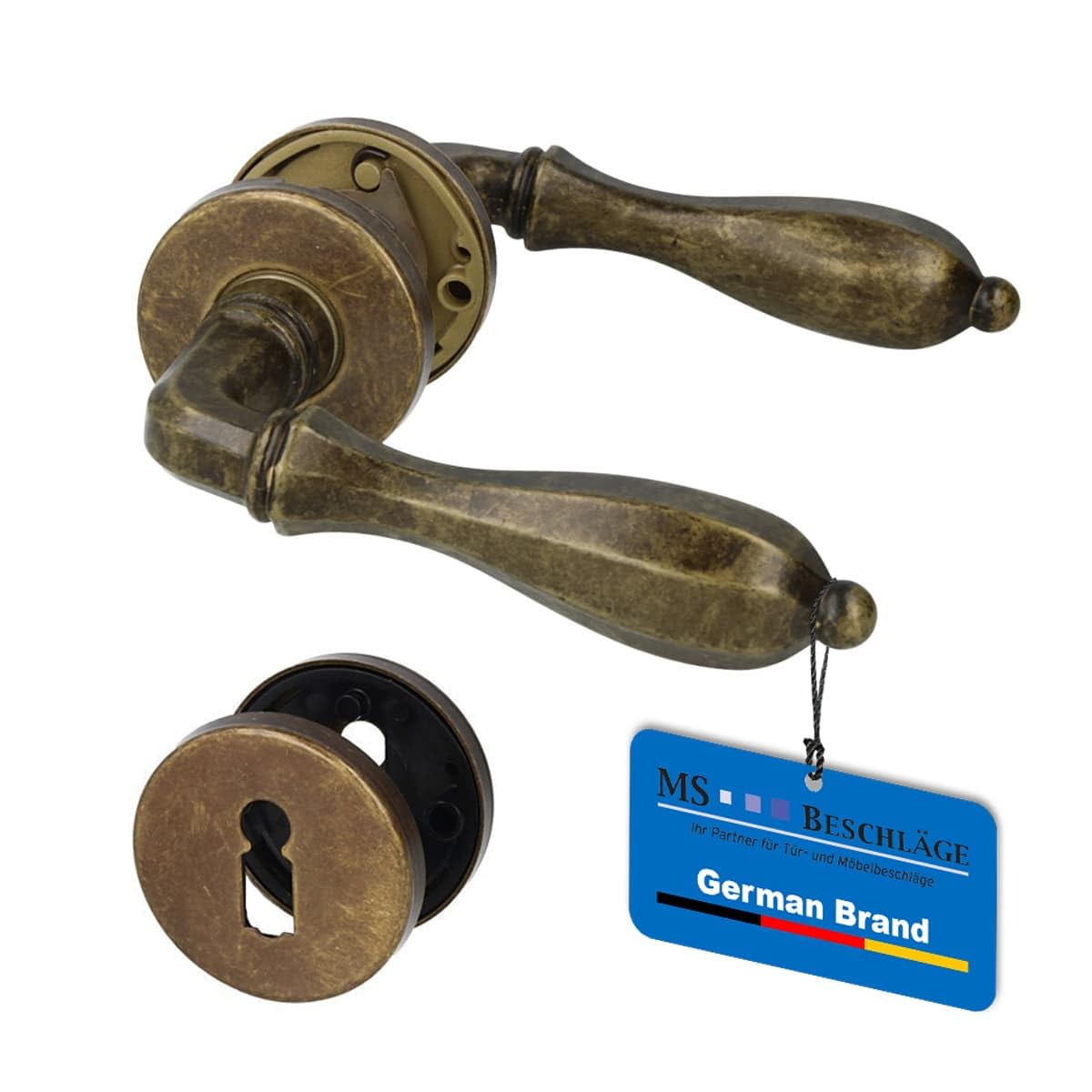 MS Beschläge Rosettengarnitur Messing Antik Braun massiv – Türdrücker Türklinke Türgriff für Zimmertüren - Landhaus Vintage Türbeschlag für Türstärke 36–44 mm - Drückergarnitur (Buntbart)