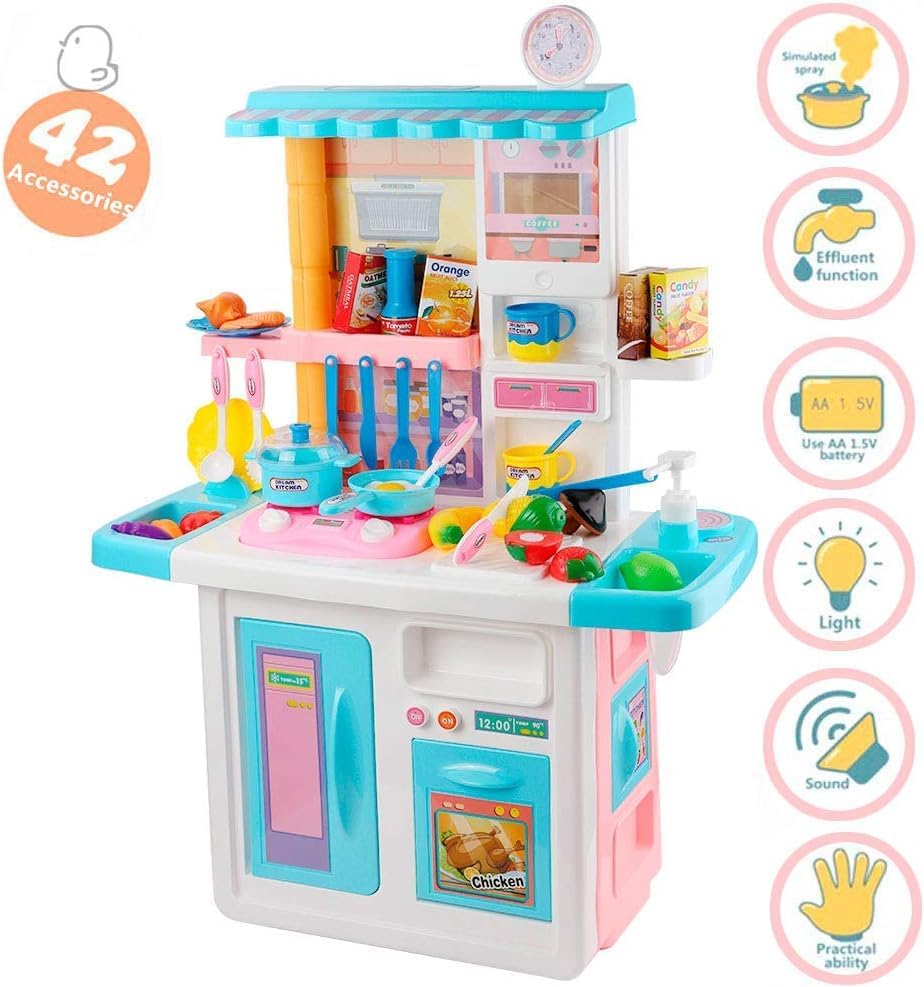 Miniatura 3 de Juego de cocina para niños, juego de cocina para niñas con luces y sonidos, estufa de cocina con vapor, fregadero de juegos, cortar alimentos y