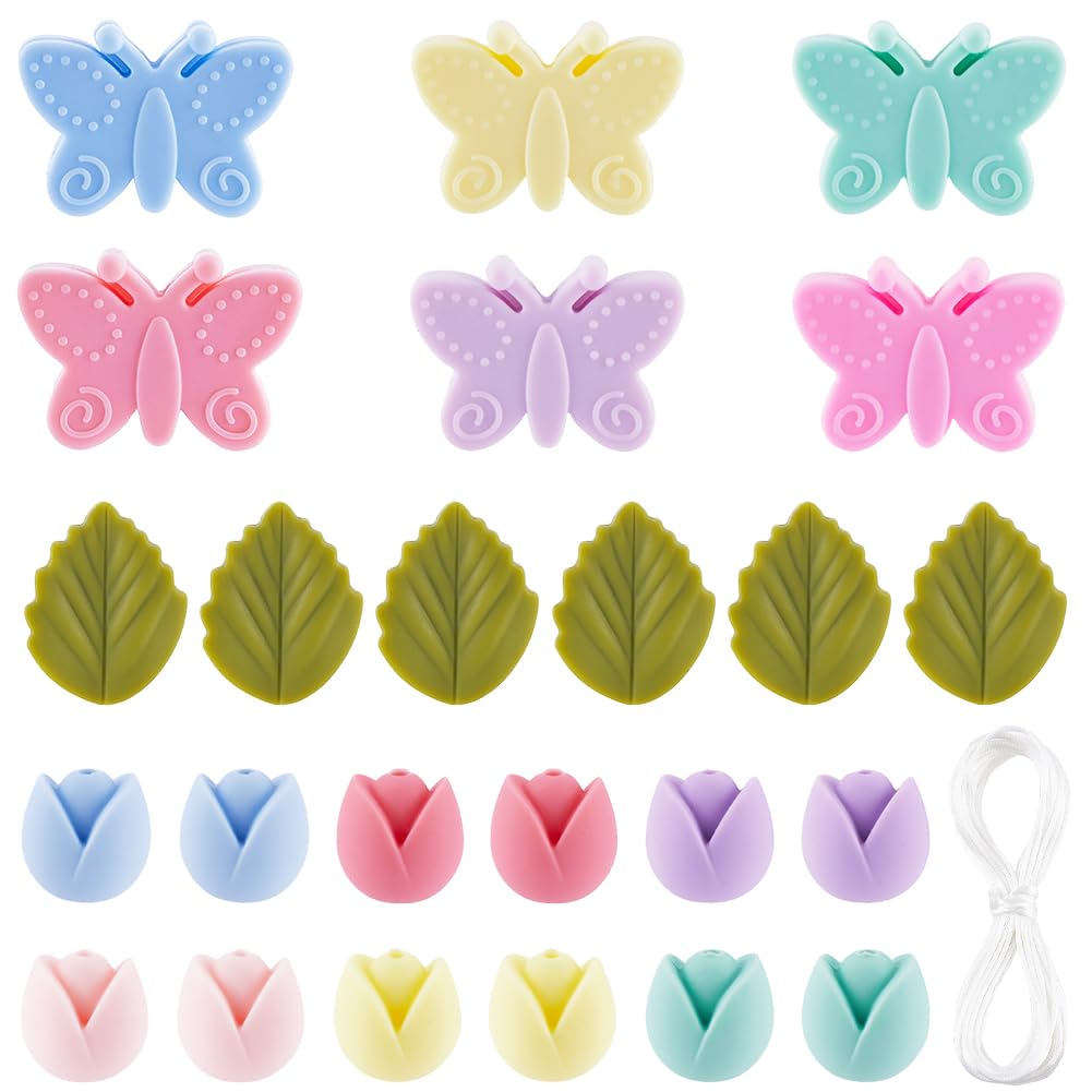 SOFPLATE 1 Box 24Pcs 3 Styles Spring Silicone Beads Flower Focal Bead with Thread Colorful Assorted Soft Floral Tulip Butterfly Leaf Loose Bead Kit for Pen Beaded Keychain Lanyard Bracelet DIY Crafts