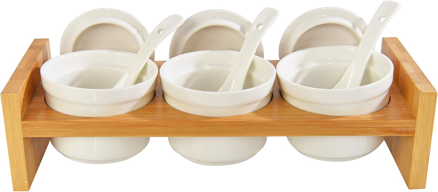 Home-X Bamboo and Ceramic Condiment Tray - Ideal Serving Dish for Hosting Entertaining, Party Essential, Taco Bar, Includes Dip Bowls, Spoons, Lids and Serving Platter, Salsa, Chips, Veggies, Fruits