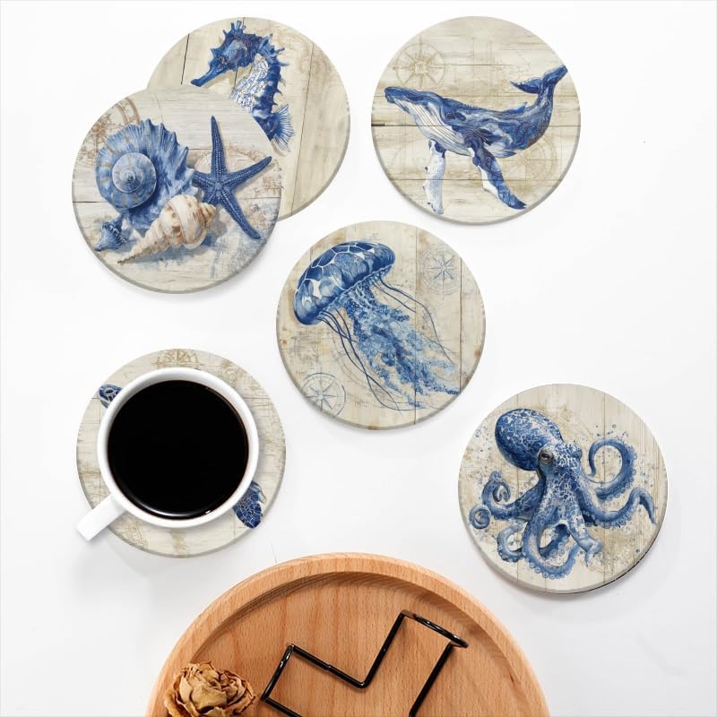 Drink Coasters Set of 6 with Holder Vintage Marine Style Wood Grain Nautical Coasters Cork Base Absorbent Ceramic Coasters,Ocean Themed Gifts,Suitable for Dining Tables & Coffee Tables