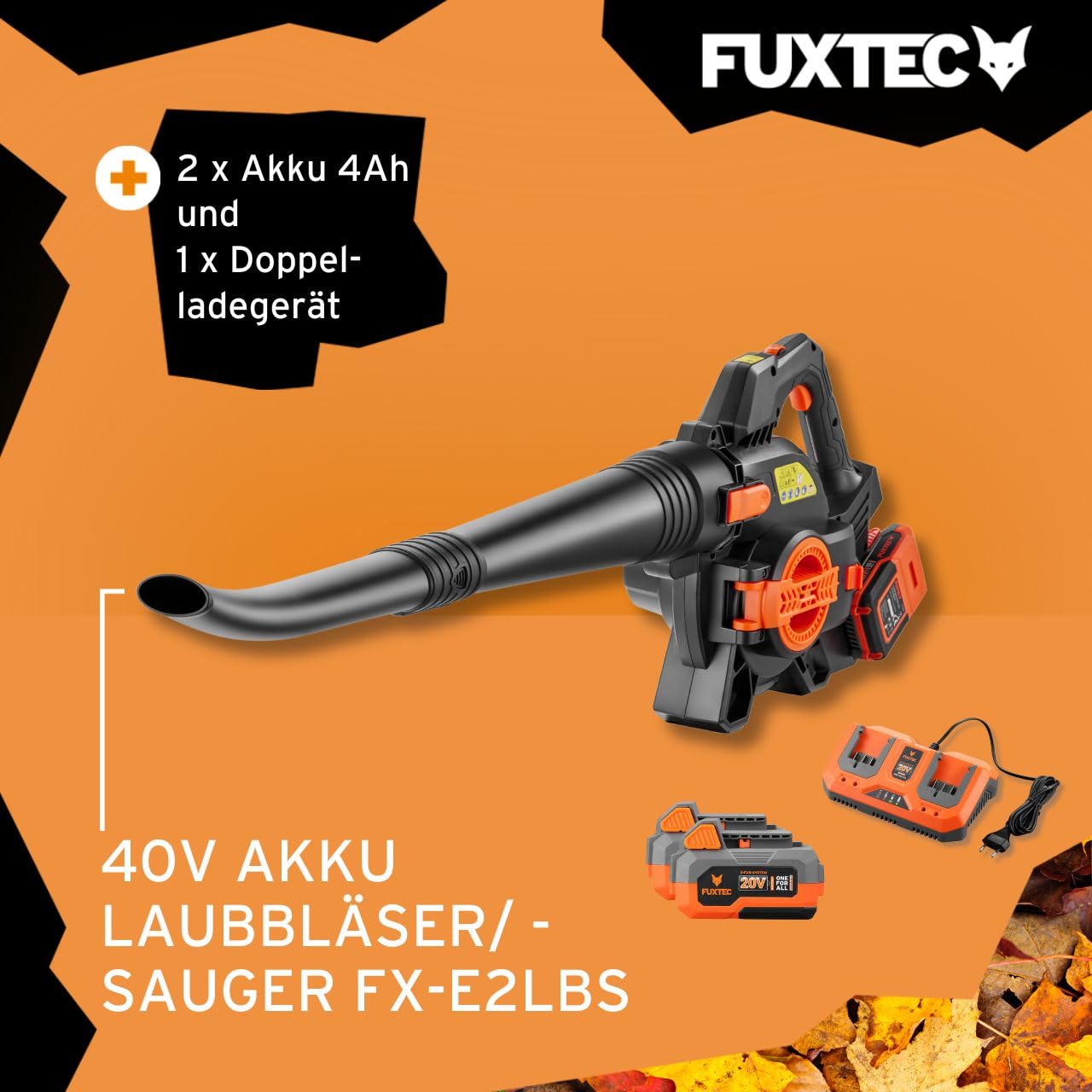FUXTEC 40 Volt 2in1 Akku-Laubbläser/-Sauger Set FX-E2LBS-SET, leistungsstarker Laubhäcksler inkl.Akku und Ladegerät, Saugleistung 685.1m³/h, ergonomischer Handgriff, Geschwindigkeitsregulierung