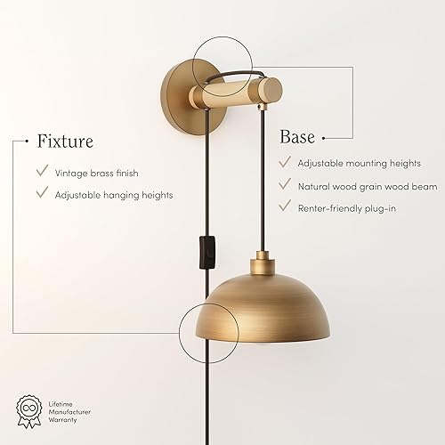 Miniatura 3 de Nathan James Daniel Modern Farmhouse - Lámpara de lectura para mesita de noche, aplique de pared con pantalla de cuenco ancho, latón vintagemarrón