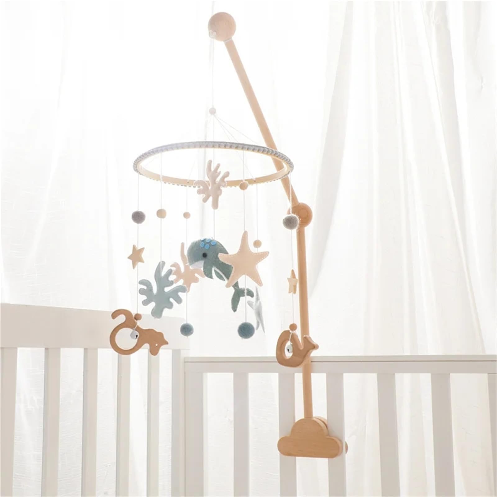 Herfair Meer Welt Carillon éolien, mobile 3D, en bois, avec boules de feutre, pour lit de bébé, garçon et fille, pour lit de bébé, garçon et fille, bleu