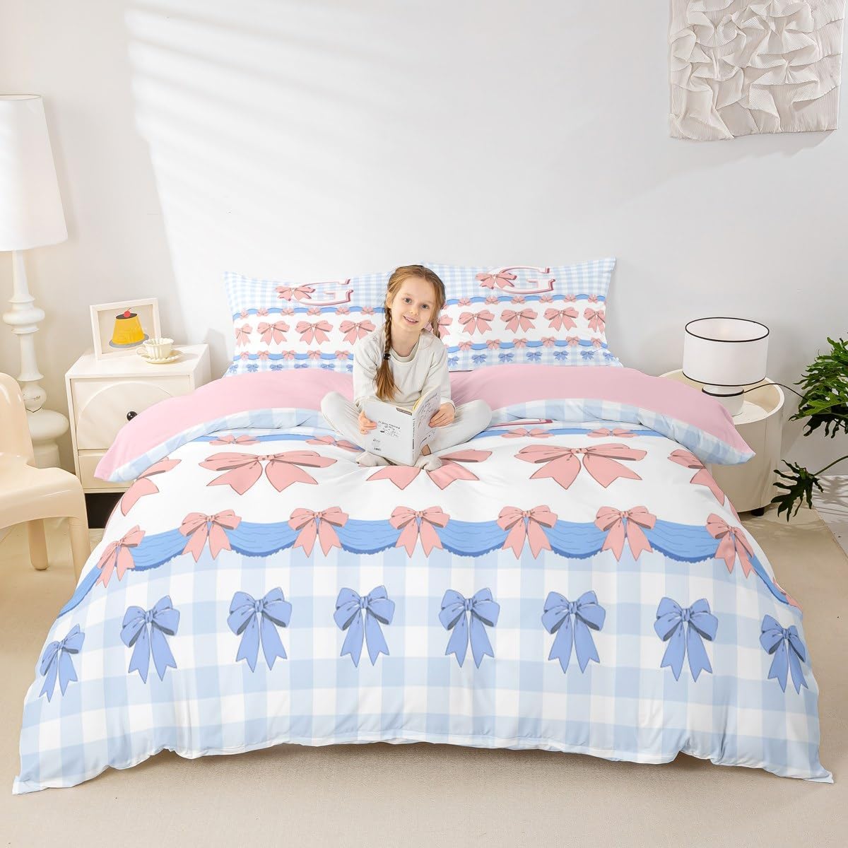 Lovely Bowknot Duvet Cover Set Toddler Size,Personalized Initial G Print Reversible Quilt Cover for Kids Boys Girls English Letter Pink Blue Bow Tie Bedding Set with 1 Pillowcase,No Comforter