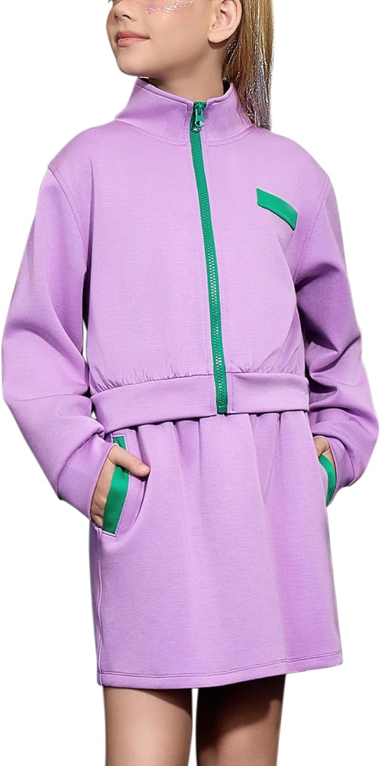 CHILDRENSTAR Girls Zip Up Sweatshirts and Skirt Sets 2 Pieces Fall Outfit Color Block Activewear Skorts For Kids