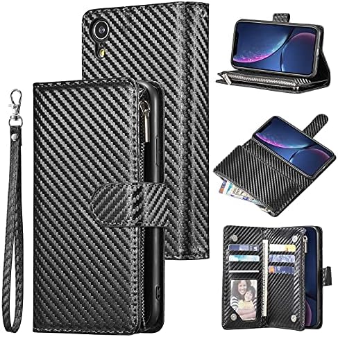 UEEBAI Wallet Case for iPhone X iPhone Xs, Premium Vintage PU Leather Magnetic Closure Handbag Zipper Pocket Case Kickstand Card Holder Slots with Wrist Strap TPU Shockproof Flip Cover - Black