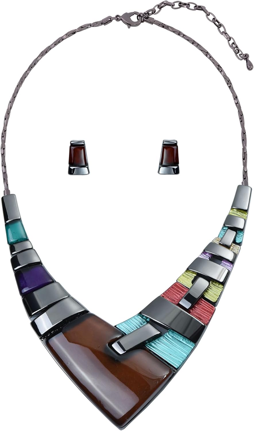 Vintage V-Shaped Choker Chunky Bib Statement Necklace and Earrings Sets for Women Bridal Wedding Dinner Prom Jewelry