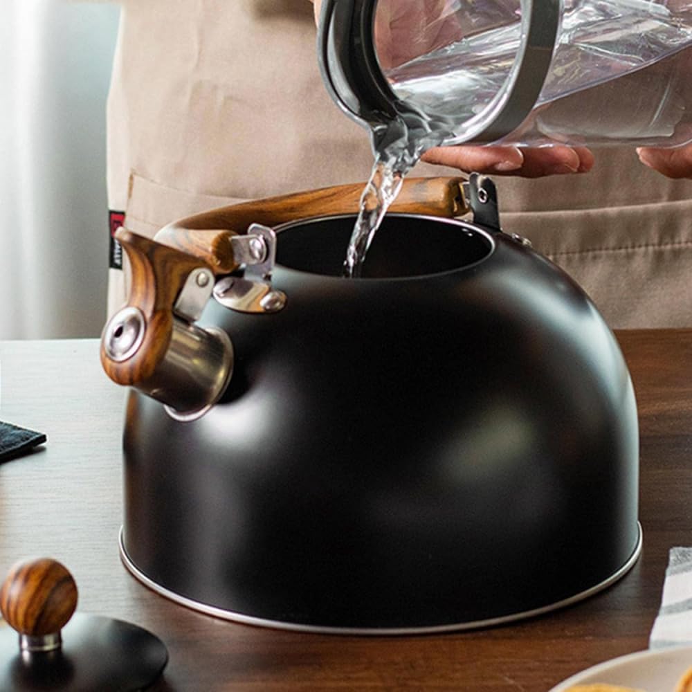 Whistling Stovetop Tea KettleStainless Steel Whistling Kettle Teapot, Tea Kettle Stovetop for Induction Electric Halogen Radiant, Wooden Handle Teapots