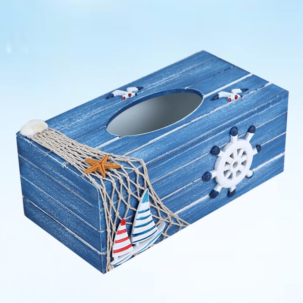 Scatola Fazzoletti in Legno Blu, Contenitore Decorativo Stile Costiero | Atmosfera Estiva, Organizza la Carta Finitura Resistente, per Tavolo Ristorante e Auto