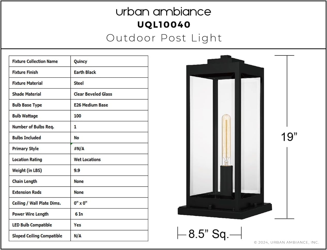 Urban Ambiance Luxury Modern Farmhouse Post Light, Small Size: 19''H x 8.5''W, with Modern Style Elements, Earth Black Finish, UQL10040, Quincy Collection