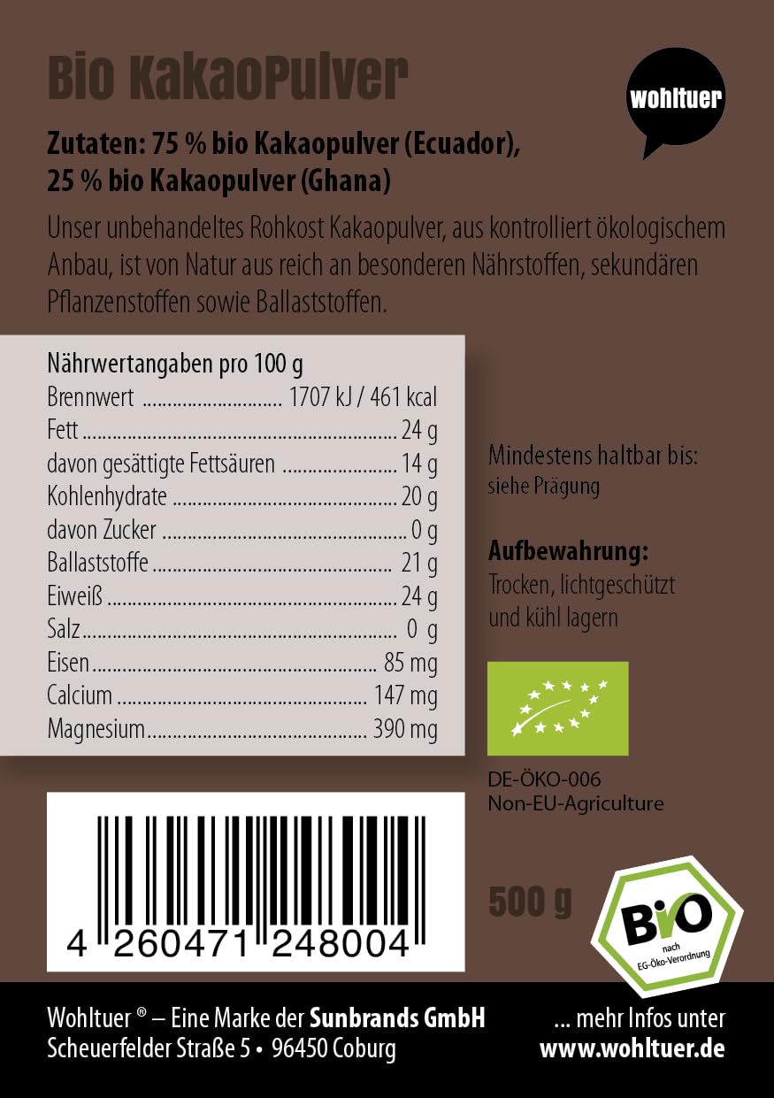 Roh Kakaopulver Rohqualität Bio + Von Wohltuer + Nicht geröstet + Kalt verarbeitet + Aus Kleinbauernkooperative (500g)