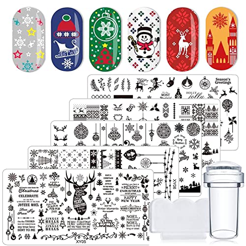 5Pcs Stamping Plate Kit Christmas Nail Stamper Plate Snowflake Elk Christmas tree Nail Art Stamp Stamping Templates Set with Christmas Printing template Manicure Accessories(1 Stamper + 1 Scraper)