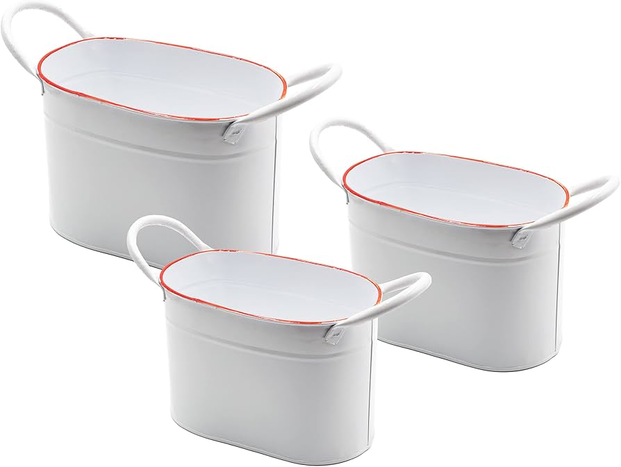 Blmelhuber 3er Set Emaille Look Blech Blumenkasten Gefe, Zimmerpflanzen  bertopf oder Outdoor Deko Haustr Drauen (wei): Amazon.de: Garten