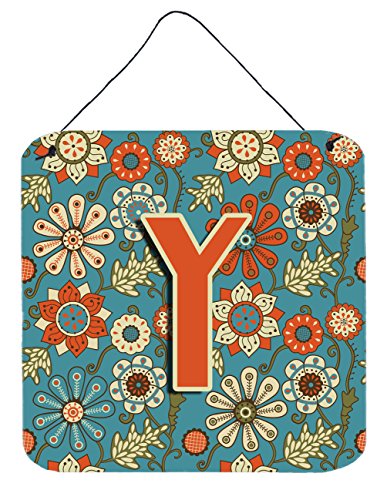 Caroline's Treasures CJ2012-YDS66 Letter Y Flowers Retro Blue Wall or Door Hanging Prints Aluminum Metal Sign Kitchen Wall Bar Bathroom Plaque Home Decor, 6x6, Multicolor