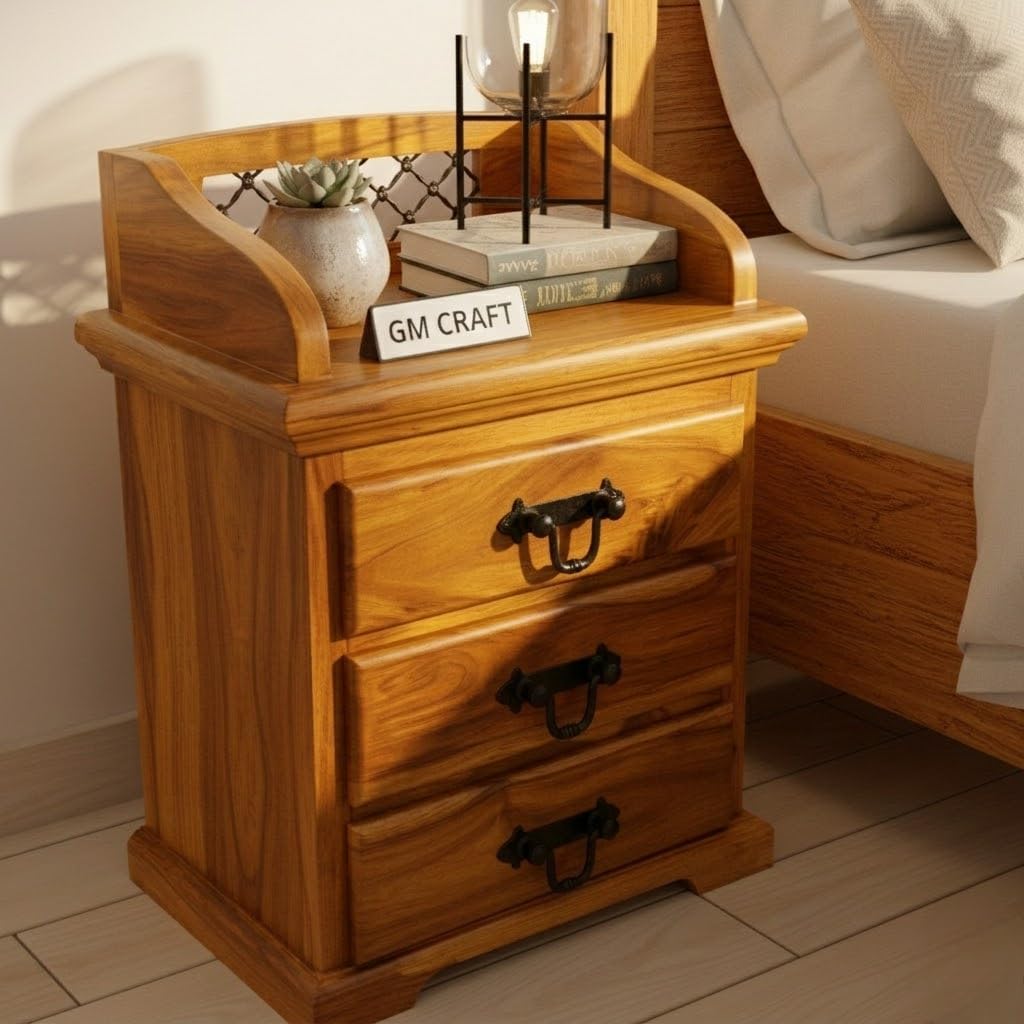 Sheesham Wooden Bedside Table for Bedroom with 3 Drawer - Wooden Bedside Table with Drawer Storage Nightstand End Table for Living Room Sofa Side Table (Design 22)-picture-38