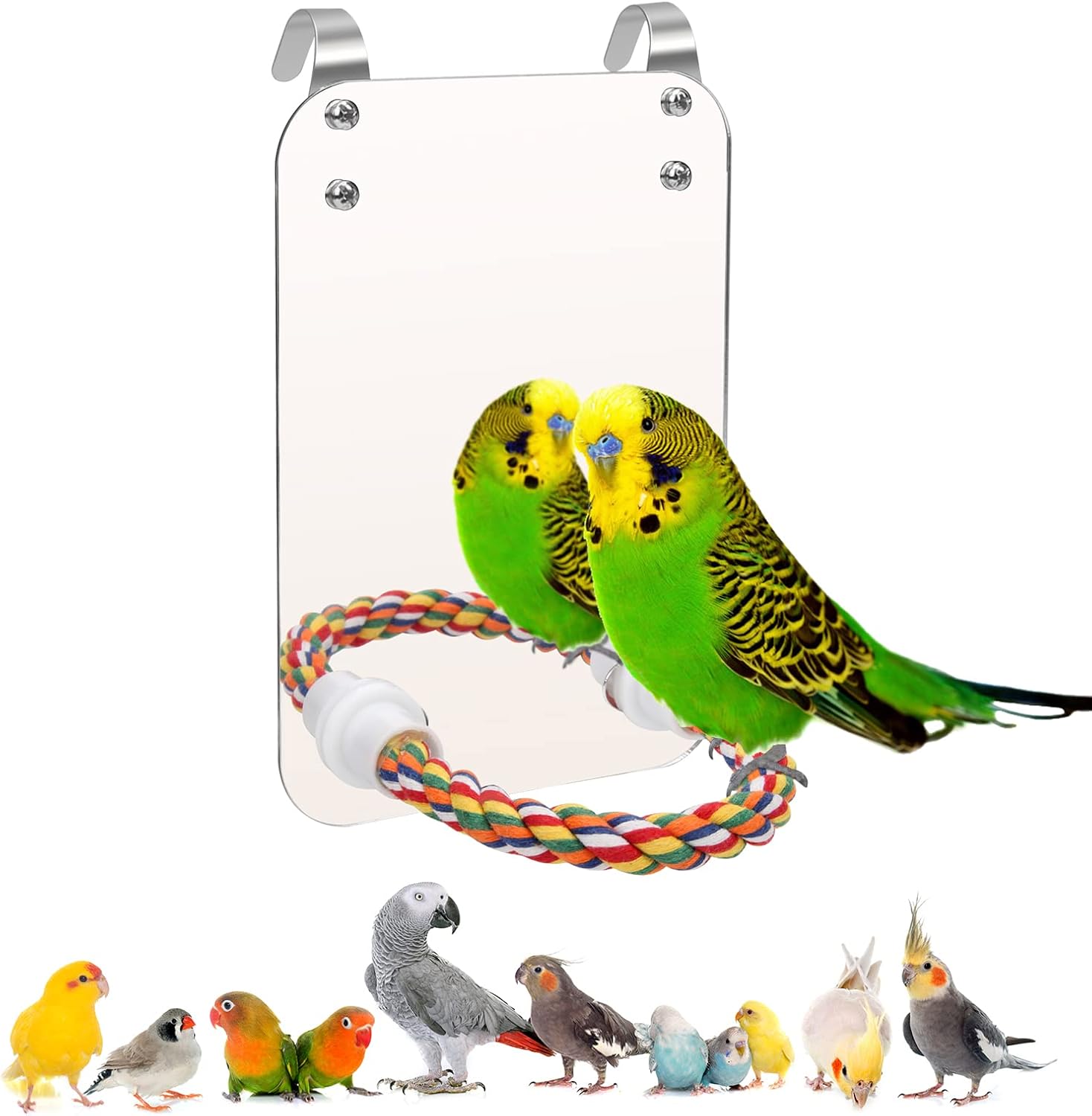 7‘’ Bird Mirror for Cage, Coolrunner Bird Parrot Mirror with Rope for Cockatiel Conures, Lovebirds, Parrot, Canaries, and Budgies
