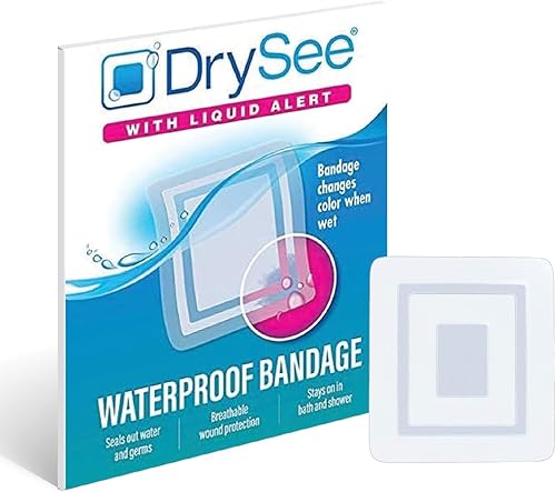 DrySee Vendajes impermeables 2 x 2 – Apósito de película transparente con indicadores de humedad, sin látex, seguro para ducharse y nadar – Tatuaje,