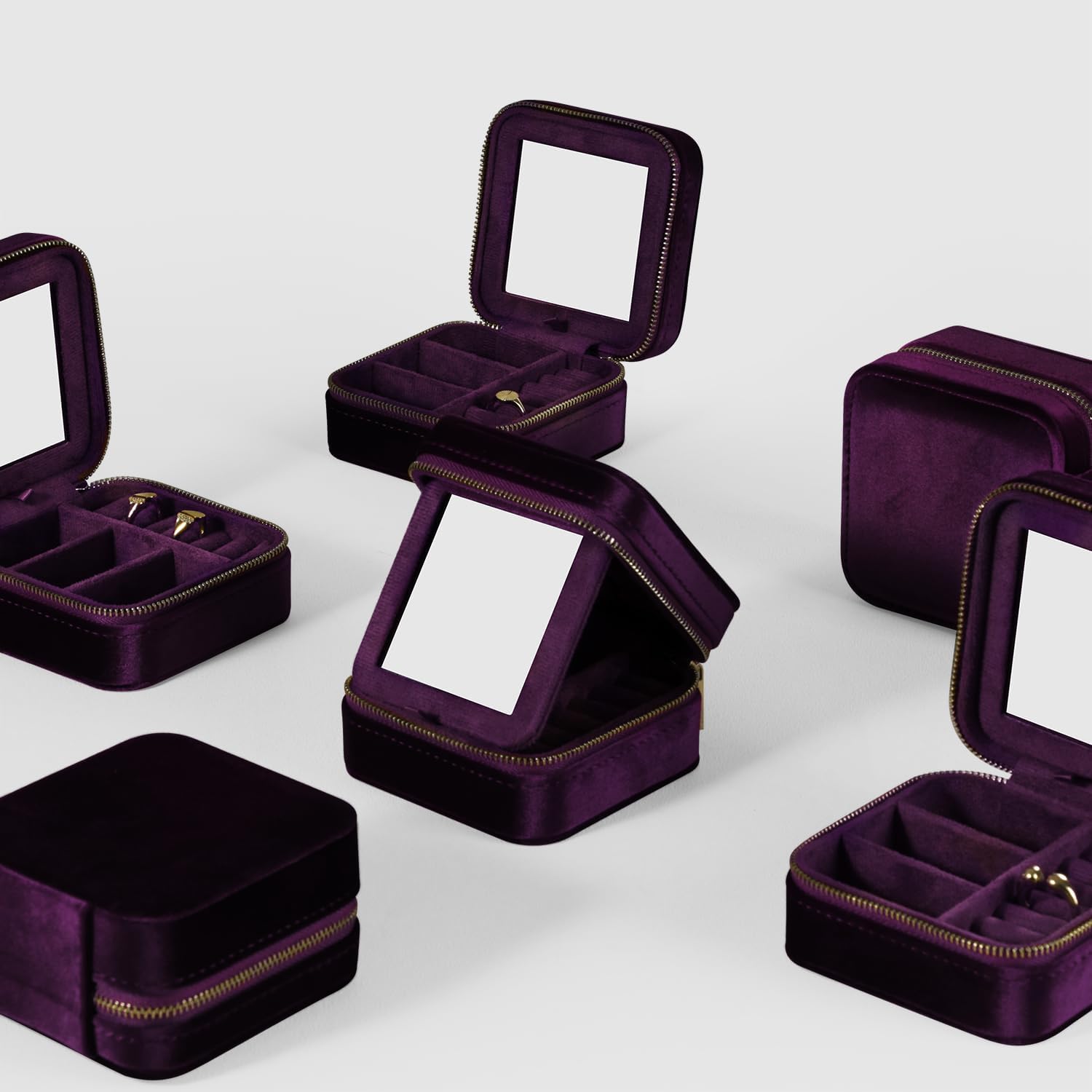 Resilient Velvet Jewelry Storage Zipper Box For Ring Earring Pendant Necklace, Multi-Slot Portable Travel Jewelry Organizer Small Case With Mirror (Purple, Resilient Velvet)
